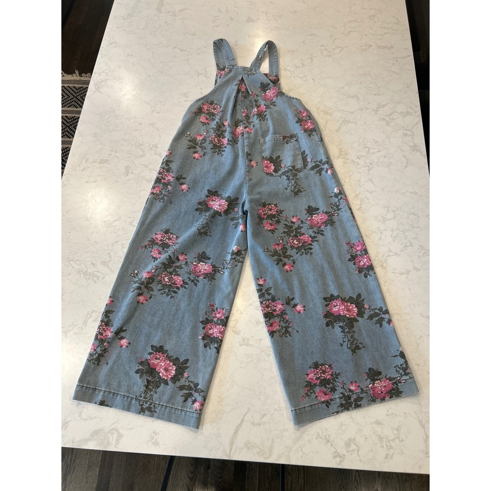 Floral Denim Overalls Wide Leg Pink Rose Print Blue Jean Jumpsuit Womens Medium - Picture 5 of 13